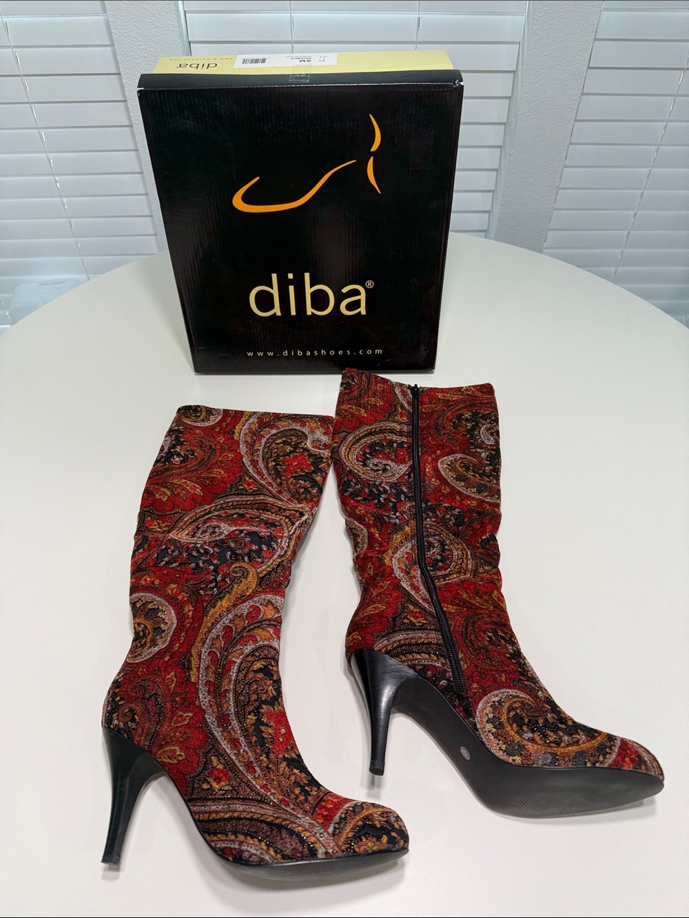 diba Low Tilda Mid-Calf Heeled Boots with Side Zip in Red/Black Paisley